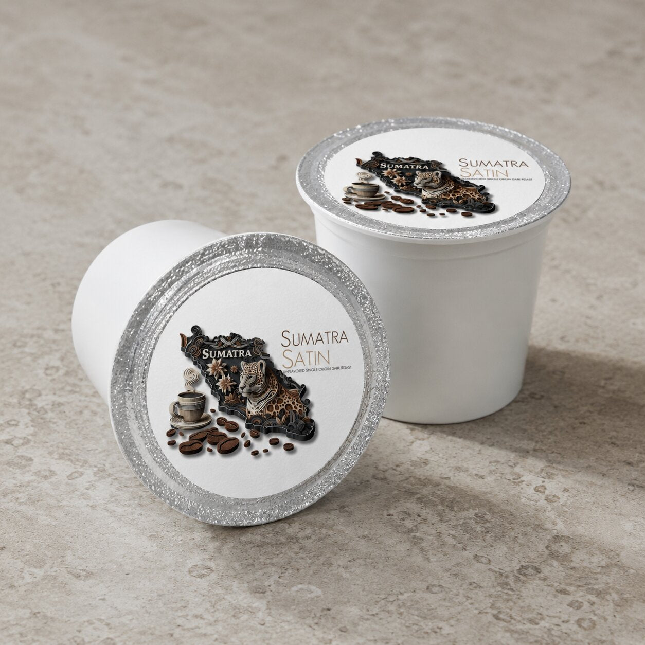 Two Java Momma Sumatra Satin Dark Roast single-serve coffee pods on a kitchen counter