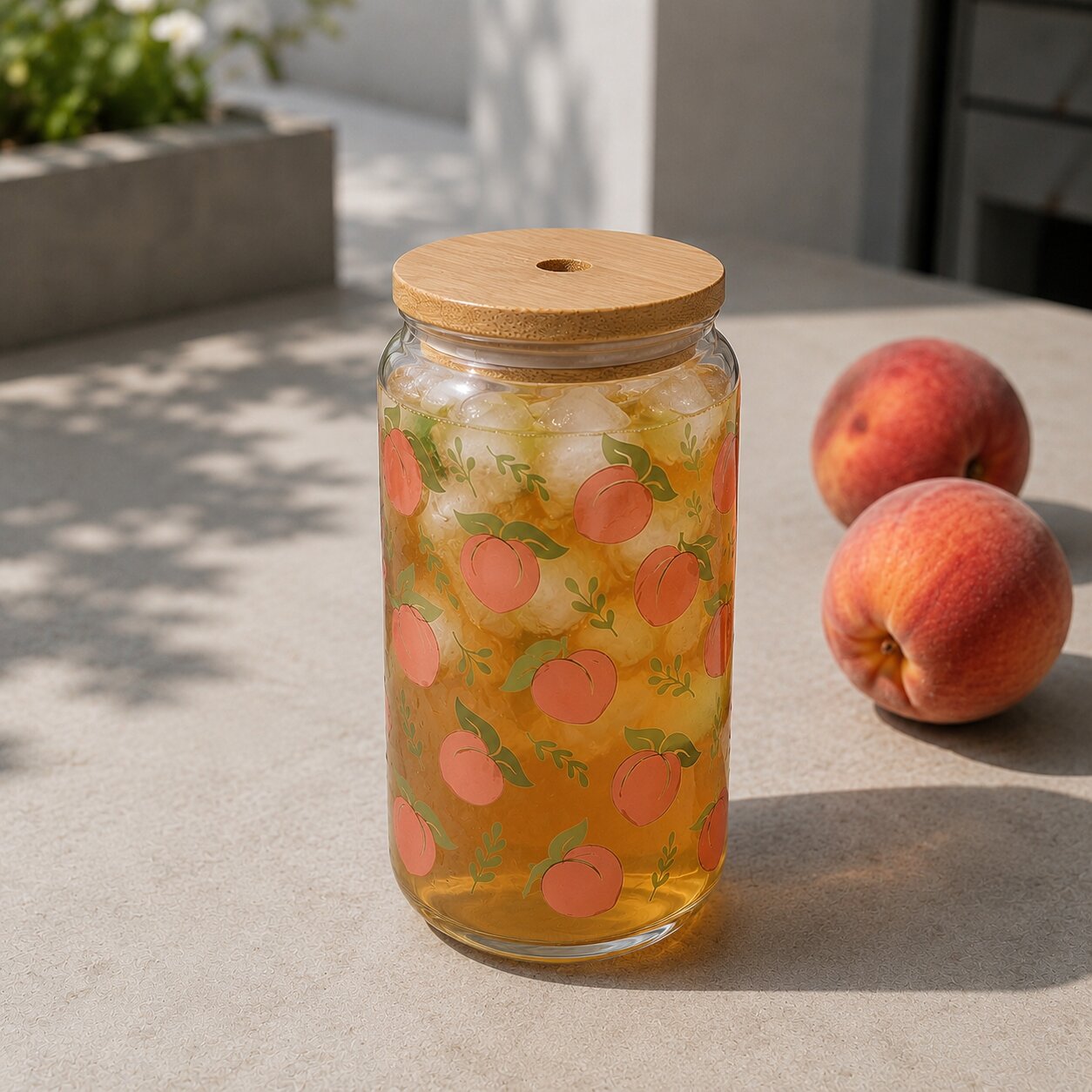 Glass jar with peach-themed design and wooden lid on a concrete surface with peaches nearby.