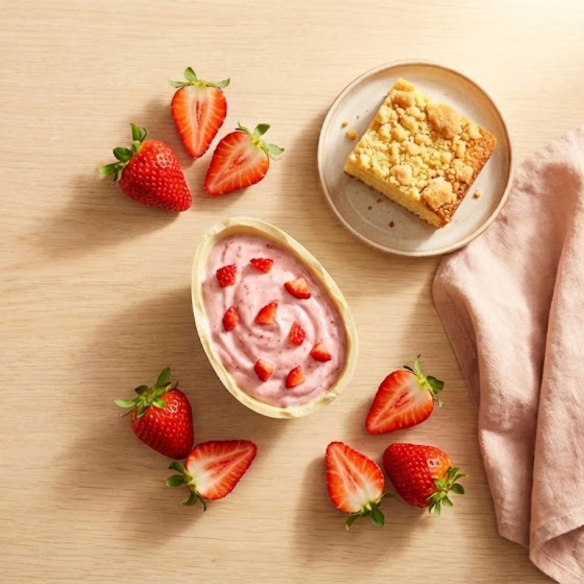 Bowl of pink dessert with strawberries, a square piece of cake on a plate, and a pink napkin on a wooden surface.