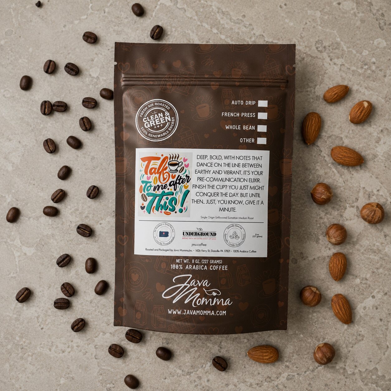 Overhead flatlay of Java Momma Talk to Me After This coffee bag with whole coffee beans and toasted nuts