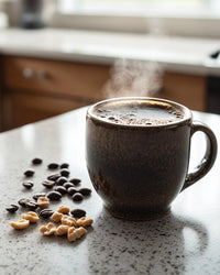 Thumbnail for Steaming coffee mug on a kitchen counter with coffee beans