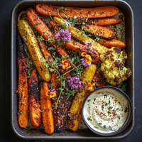 Thumbnail for A tray of roasted heirloom carrots and cauliflower seasoned with spices, garnished with fresh herbs and edible flowers. A small bowl of creamy dip sits in the corner, sprinkled with additional seasoning.

