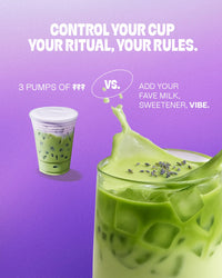 Thumbnail for Two green iced drinks in clear cups sit against a purple backdrop with “CONTROL YOUR CUP, YOUR RITUAL, YOUR RULES.” One features the Lavender Matcha Tea Drop – Calm Energy in Every Sip 💜🍵; the other showcases customizable options.