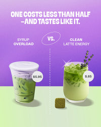 Thumbnail for Two iced drinks sit side by side: left, $5.95, labeled “Syrup Overload;” right, $0.85, features “Lavender Matcha Tea Drop – Calm Energy in Every Sip 💜🍵,” made with ceremonial-grade Japanese matcha against a purple-green backdrop.