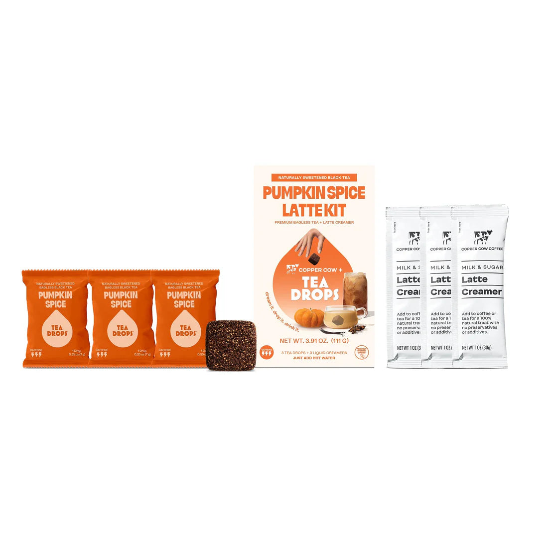 The Pumpkin Spice Latte Kit – Fall’s Coziest Tea Latte Gift Set 🎃☕🍁 by Tea Drops includes four Pumpkin Spice Tea Drops, one unwrapped tea drop, a gift box, and three milk & sugar latte creamer packets—perfect for cozy fall gifting.