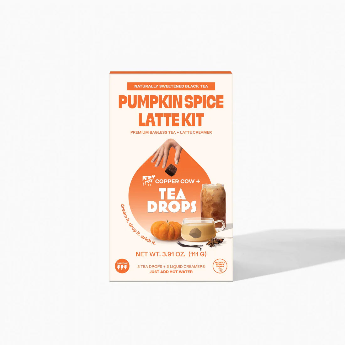 Front of the Pumpkin Spice Latte Kit – Fall’s Coziest Tea Latte Gift Set 🎃☕🍁 box, featuring Pumpkin Spice Tea Drops, pumpkin and latte images, and hands pouring creamer. Text highlights naturally sweetened black tea—perfect Fall gift.