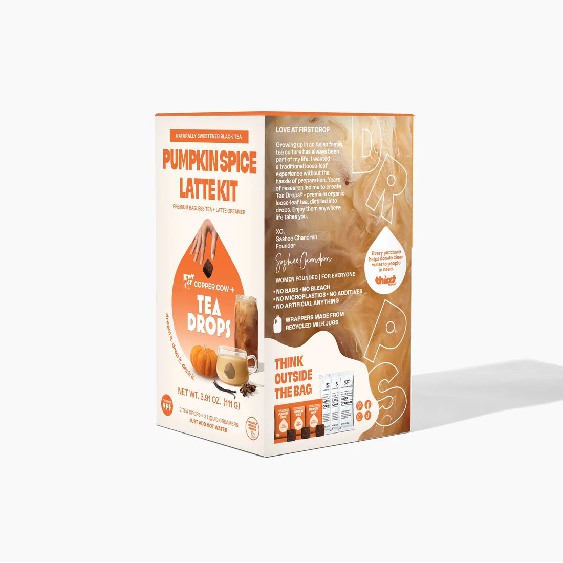 Gift the Pumpkin Spice Latte Kit – Fall’s Coziest Tea Latte Gift Set 🎃☕🍁 by Tea Drops! Makes 8 cups, gluten-free, no artificial flavors. Perfect Fall gift for those who love to Think Outside the Bag and cozy up with autumn flavors.