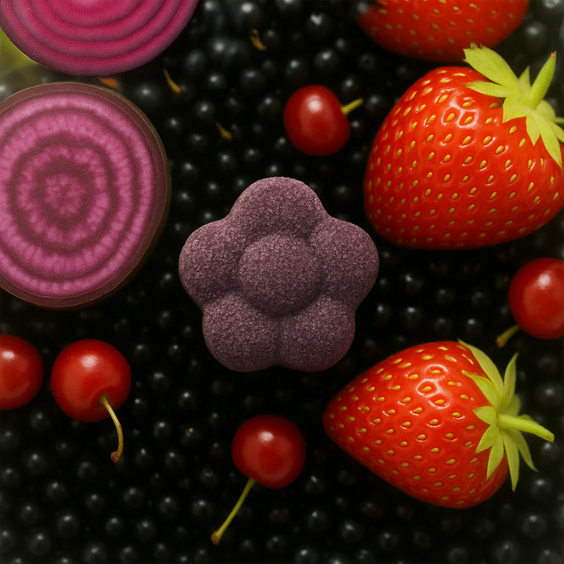 The Ube Berries Tea Drop – Juicy, Antioxidant-Packed Purple Power 💜🍓🍒 sits among fresh blackberries, strawberries, cherries, and a vibrant beet cross-section on a blackberry bed.