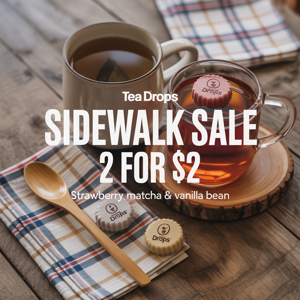 Two mugs of tea on a wooden table with plaid napkins and wrapped Tea Drops. Text overlay: Sidewalk Sale Special – 2 Tea Drops for $2. Try Strawberry Matcha and Vanilla Bean blends!.