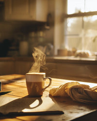 Thumbnail for Steaming mug of creamy coffee in warm morning sunlight on a wooden kitchen table with an open notebook and soft linen cloth.