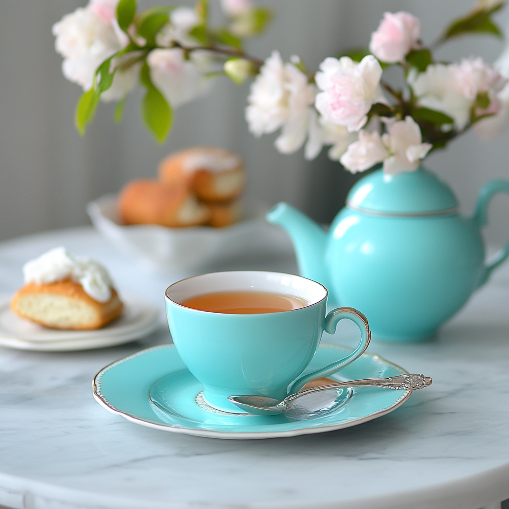 Elegant turquoise teacup filled with black tea, set on a matching saucer with a silver spoon, next to a turquoise teapot, pastries, and blooming white flowers on a marble table.