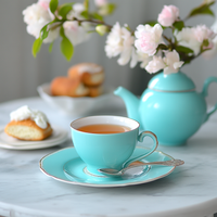Thumbnail for Elegant turquoise teacup filled with black tea, set on a matching saucer with a silver spoon, next to a turquoise teapot, pastries, and blooming white flowers on a marble table.