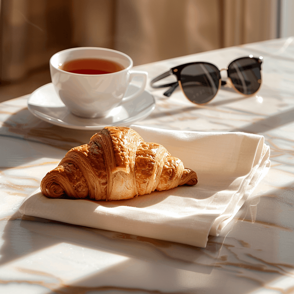 Croissant, cup of tea, and sunglasses on a marble surface