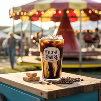 Thumbnail for Glass of Tilt-A-Whirl coffee with ice and coffee beans on a wooden surface with a carousel in the background.