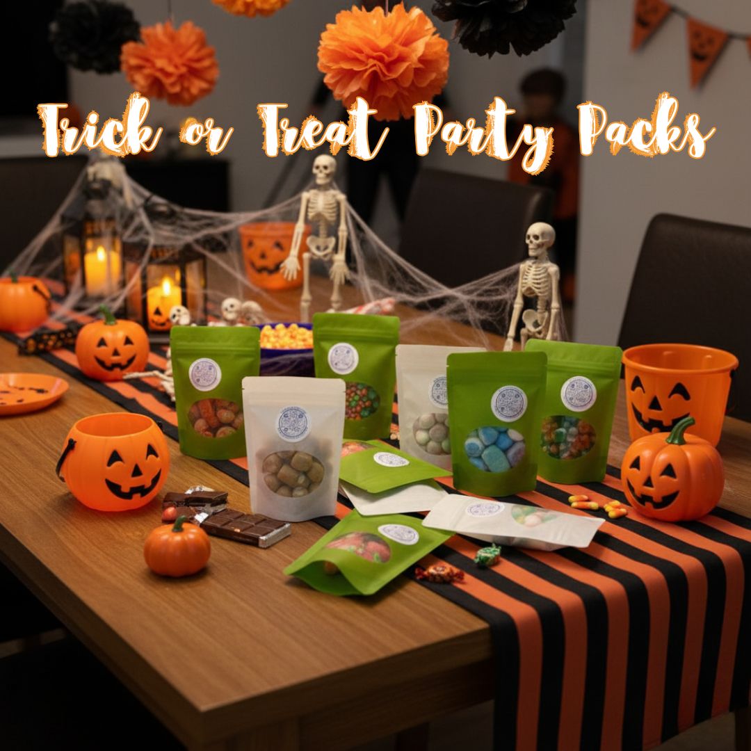 A Halloween table displays jack-o-lantern buckets, candy, chocolates, toy skeletons, and décor with crunchy treats from the 🎃 Spooky Snack Attack – Freeze-Dried Halloween Treat Sampler 👻. "Trick or Treat Party Packs" appears in bold orange, playful lettering.