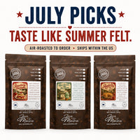 Thumbnail for Three coffee packages with labels on a white background, featuring text about 'July Picks' and 'Java Momma'.