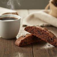 Thumbnail for A white mug of coffee sits on a wooden table beside the Triple Chocolate Biscotti Double Pack – A Chocoholic’s Dream, with a beige cloth in the background—perfect for indulging chocolate lovers.