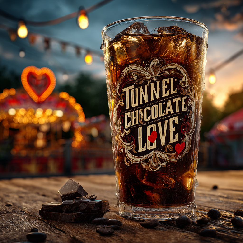 Glass of iced coffee drink with 'Tunnel Chocolate Love' text, surrounded by chocolate pieces and blurred lights in the background.