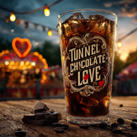 Thumbnail for Glass of iced coffee drink with 'Tunnel Chocolate Love' text, surrounded by chocolate pieces and blurred lights in the background.