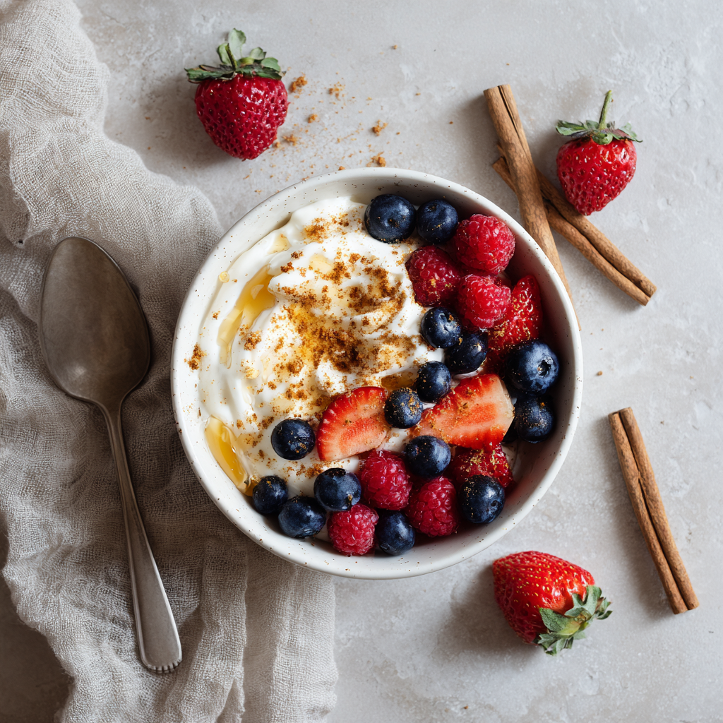 A bowl of yogurt topped with blueberries, raspberries, sliced strawberries, and a sprinkle of Turbinado Cinnamon Sugar 🧁 sits beside a spoon, fresh strawberries, cinnamon sticks, and a linen cloth on a light surface.