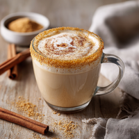 Thumbnail for A glass mug of frothy latte topped with Turbinado Cinnamon Sugar 🧁 – Sweet, Spicy, and Everything Nice—plus a turbinado sugar rim. Cinnamon sticks and brown sugar rest nearby on a rustic wooden table with a light cloth.