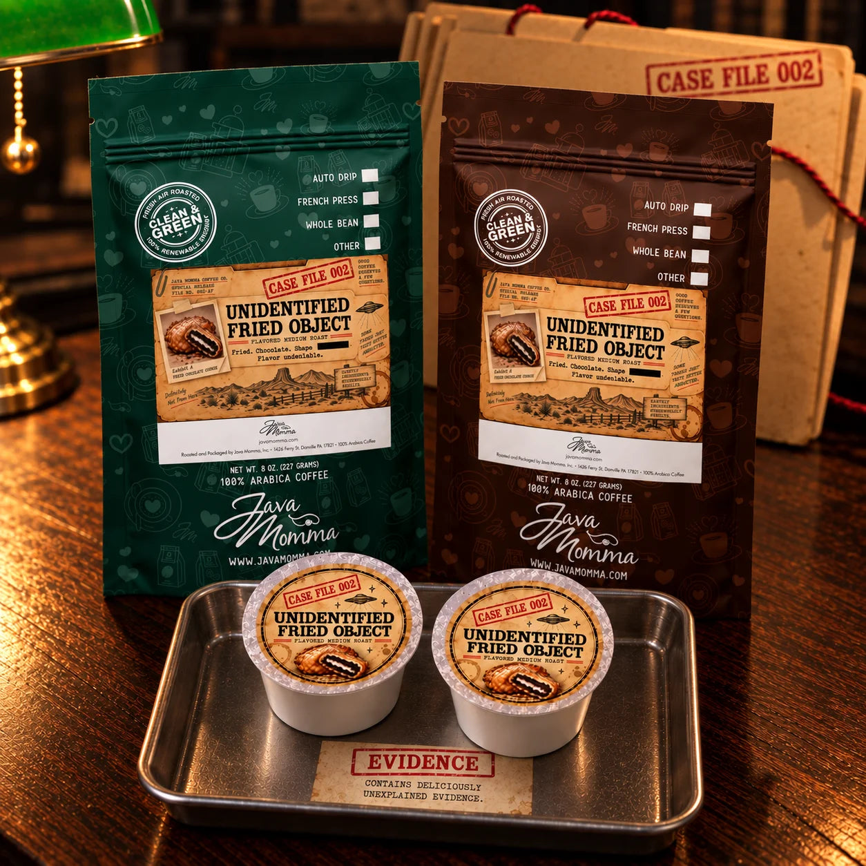 Unidentified Fried Object Coffee | Momma's Picks packages with cups on a tray, showcasing deep-fried chocolate coffee treat.