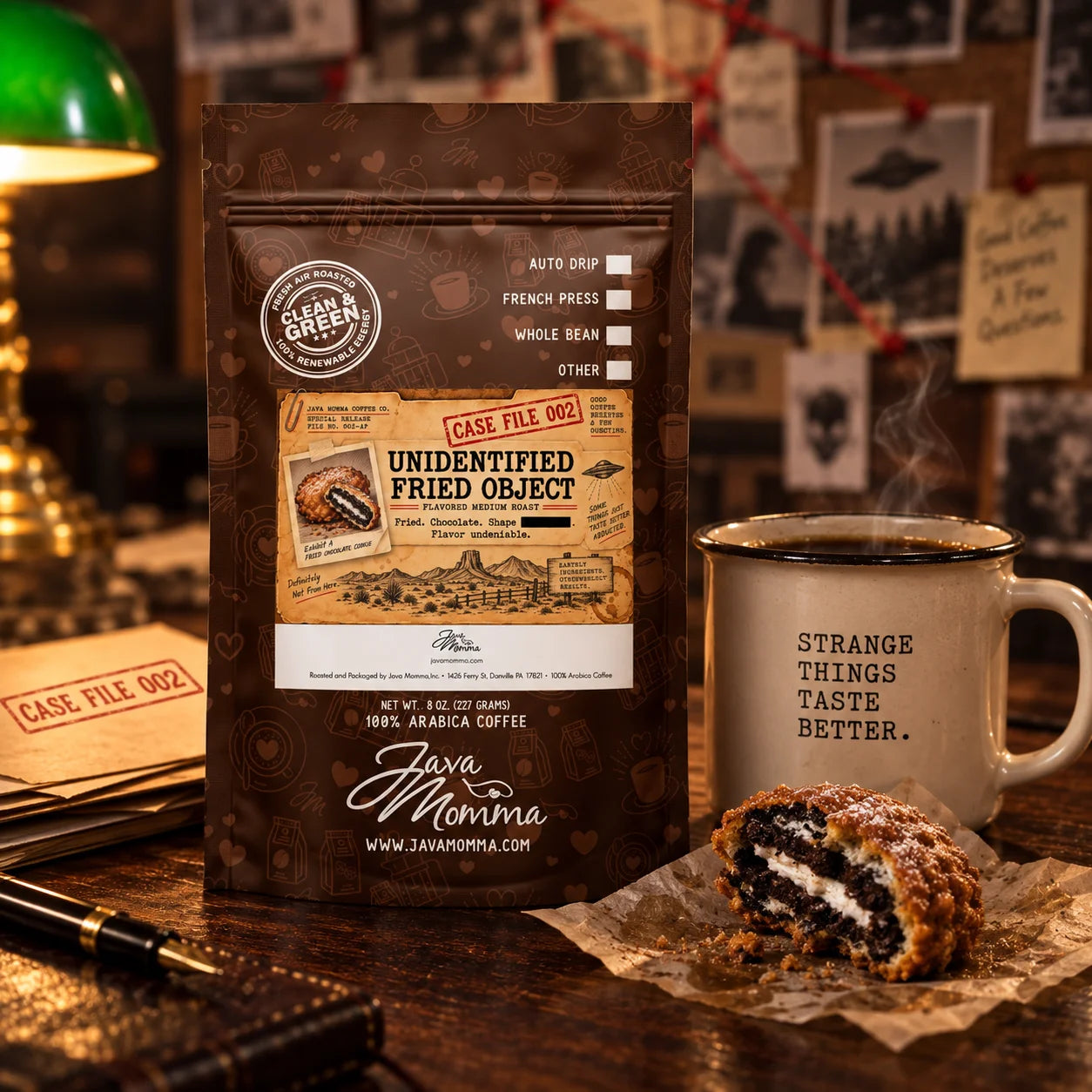 Unidentified Fried Object Coffee | Momma's Picks package with steaming coffee in a cozy setting.