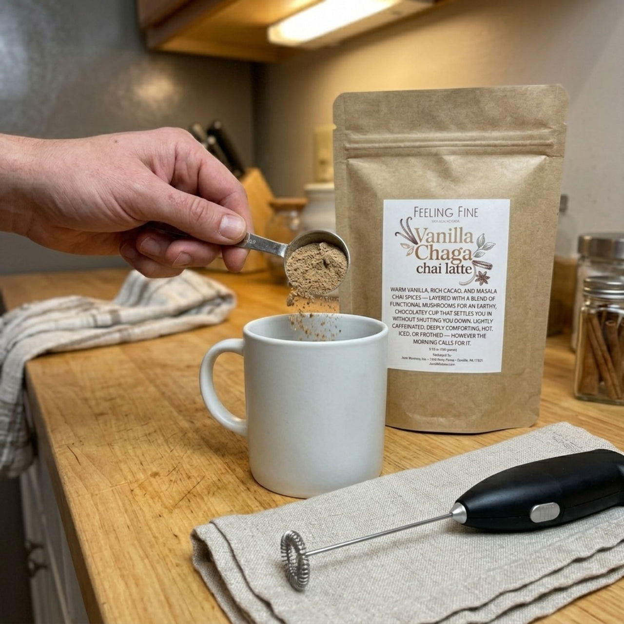 Pouring Vanilla Chaga Chai Latte drink mix into a mug on a wooden kitchen countertop.