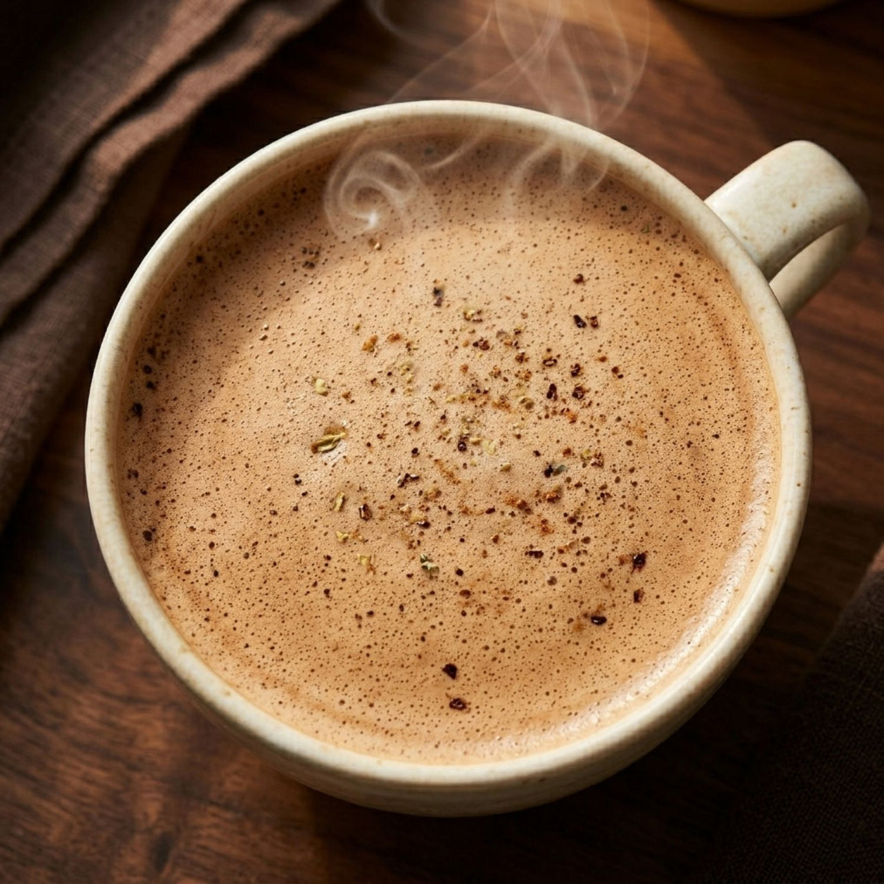 A steaming cup of Vanilla Chaga Chai Latte with spices on top, perfect for cozy moments.
