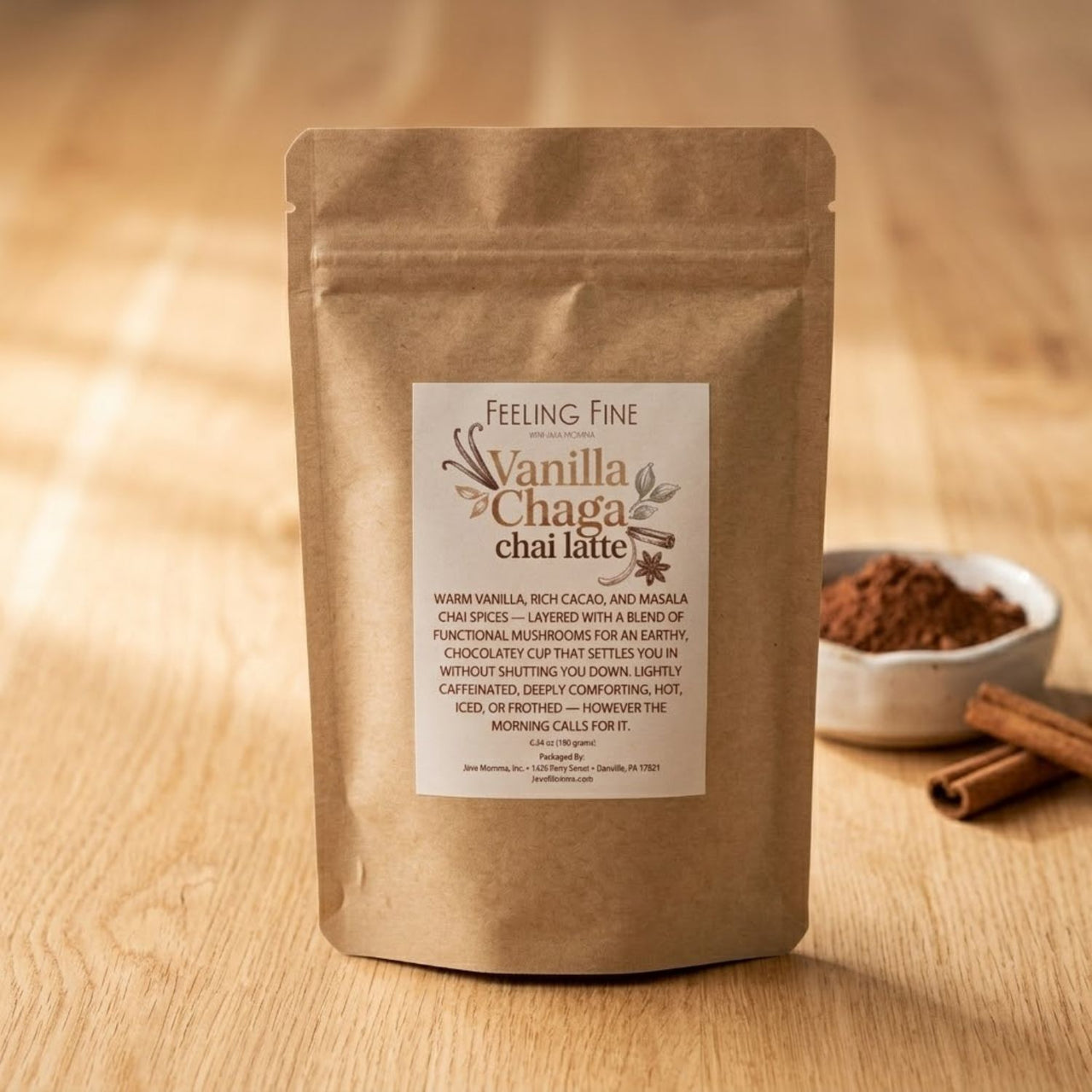 Vanilla Chaga Chai Latte Drink Mix package featuring warm spices and rich cacao.
