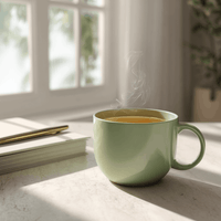 Thumbnail for Sunlit cup of green Earl Grey tea beside a notebook during a calm daytime reset