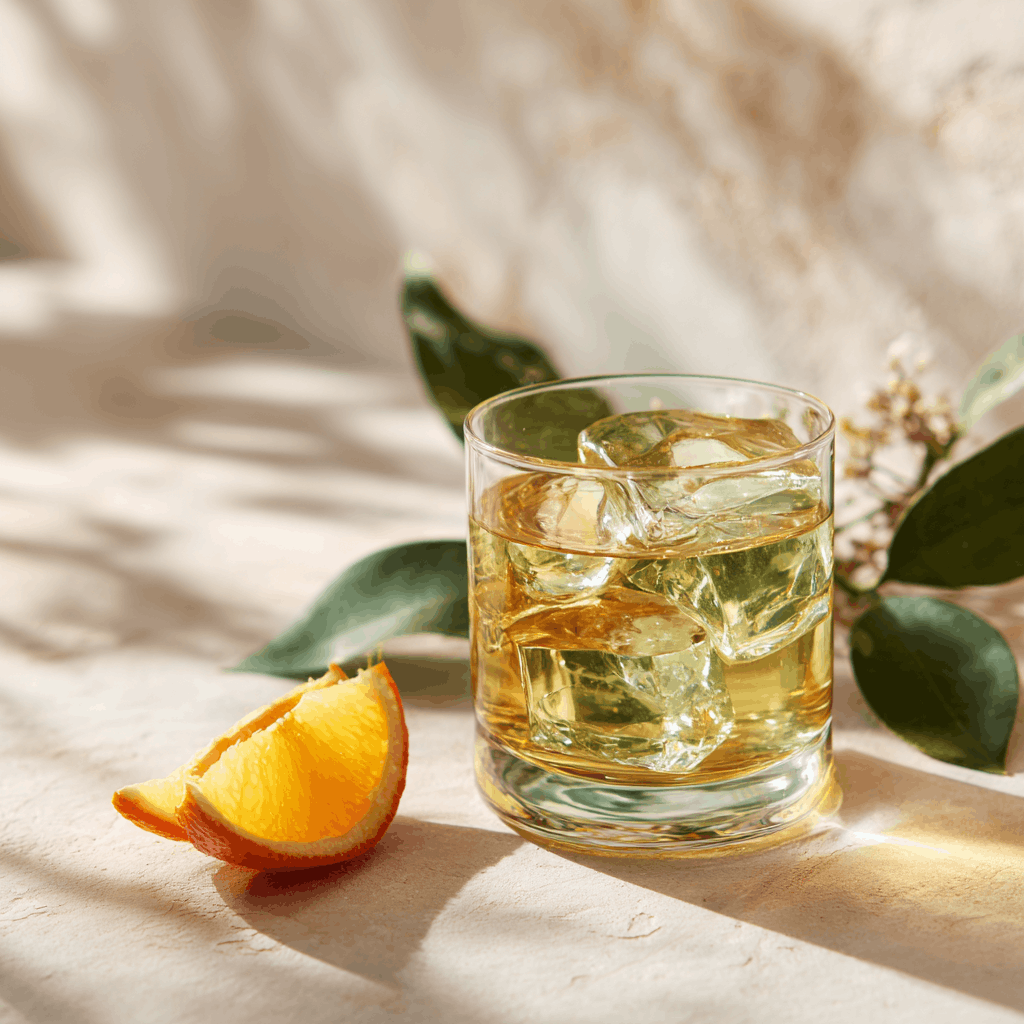 Glass of iced green Earl Grey tea in natural daylight for a refreshing afternoon reset