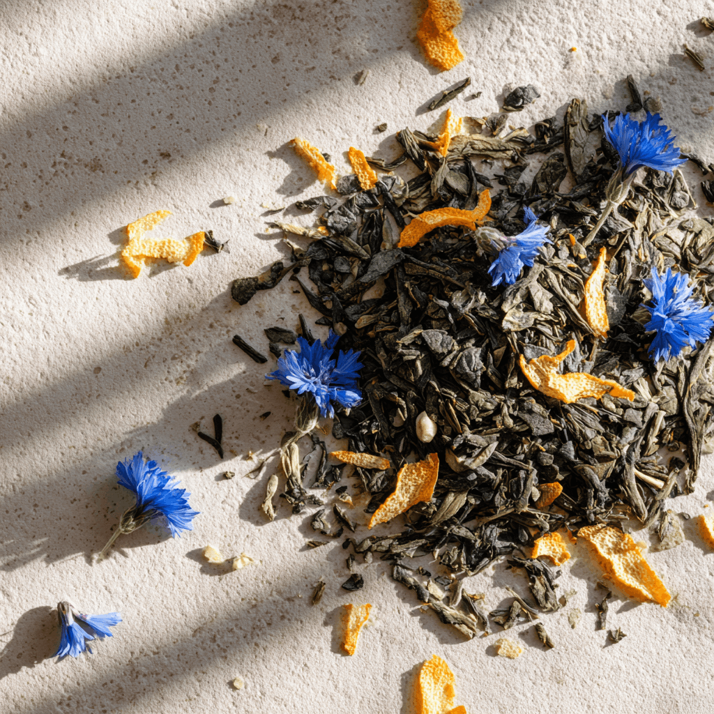 Loose green tea leaves and citrus ingredients arranged in soft daylight for a fresh, calming tea ritual