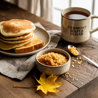 Thumbnail for A cozy breakfast setting with a bowl of Vermont Maple Sugar beside a plate of pancakes and toast. A spoon rests nearby, and a mug labeled “Vermont Maple Sugar” sits beside the plate. A yellow maple leaf adds an autumn touch to the wooden table.