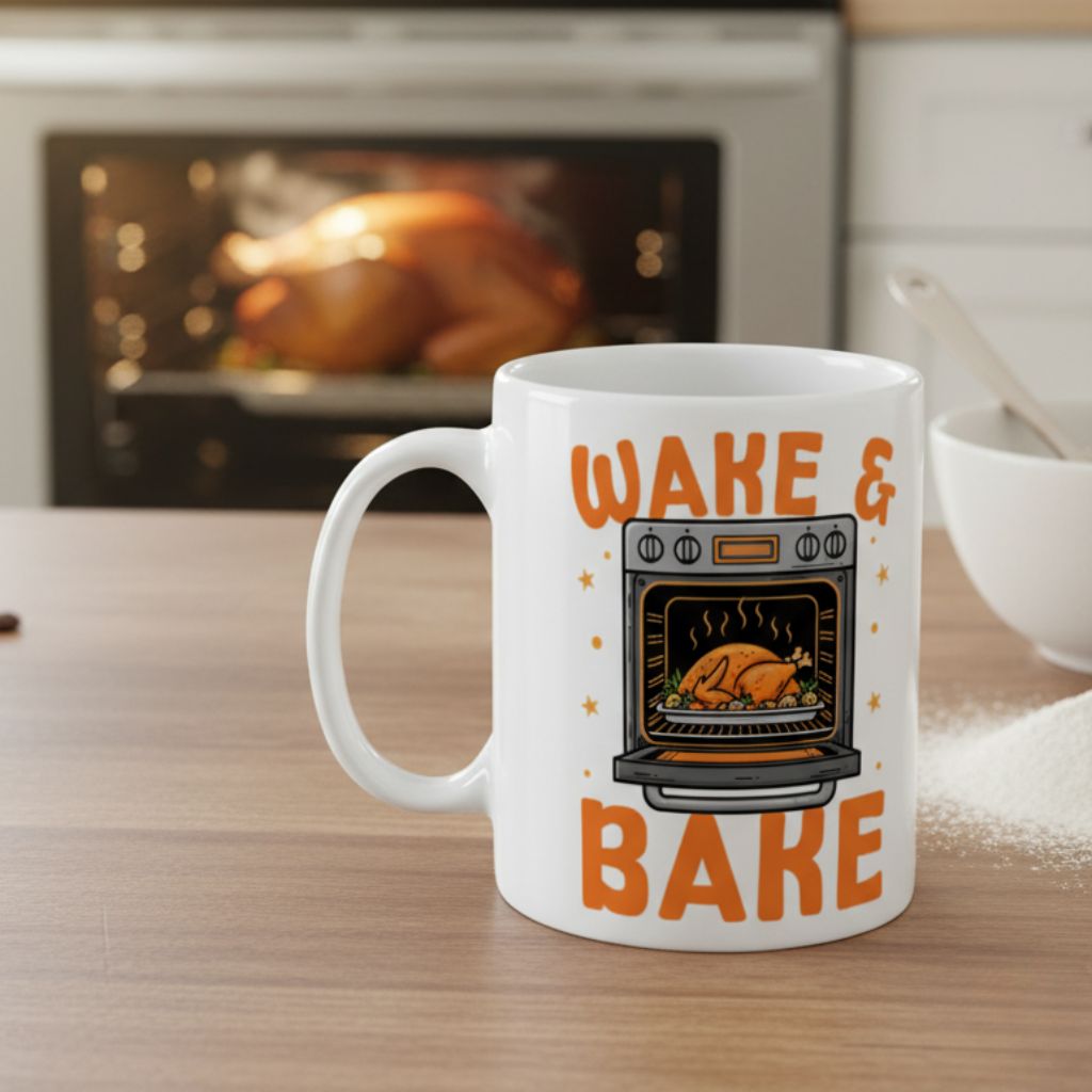 Wake & Bake mug – white ceramic coffee mug featuring oven and turkey illustration with orange text
