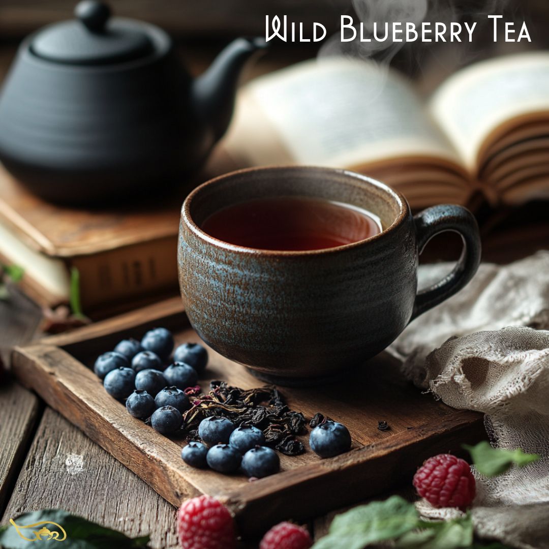 A rustic ceramic cup filled with Wild Blueberry Black Tea, deep amber in color, sitting on a wooden tea tray with fresh blueberries, loose black tea leaves, and raspberries. A matte black teapot and an open book in the background create a cozy, inviting atmosphere. Soft natural lighting enhances the warm, relaxing vibe.