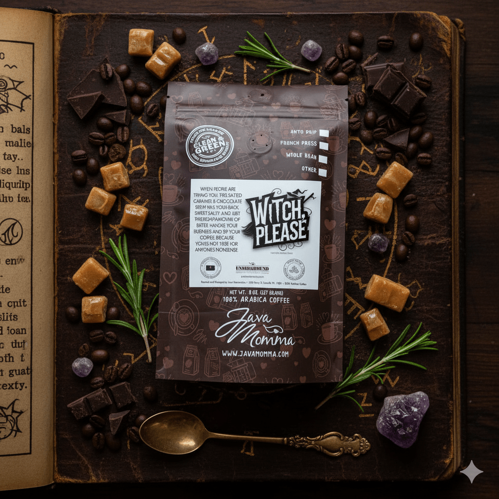 Witch Please coffee bag surrounded by coffee beans, chocolate, and herbs on a dark surface.