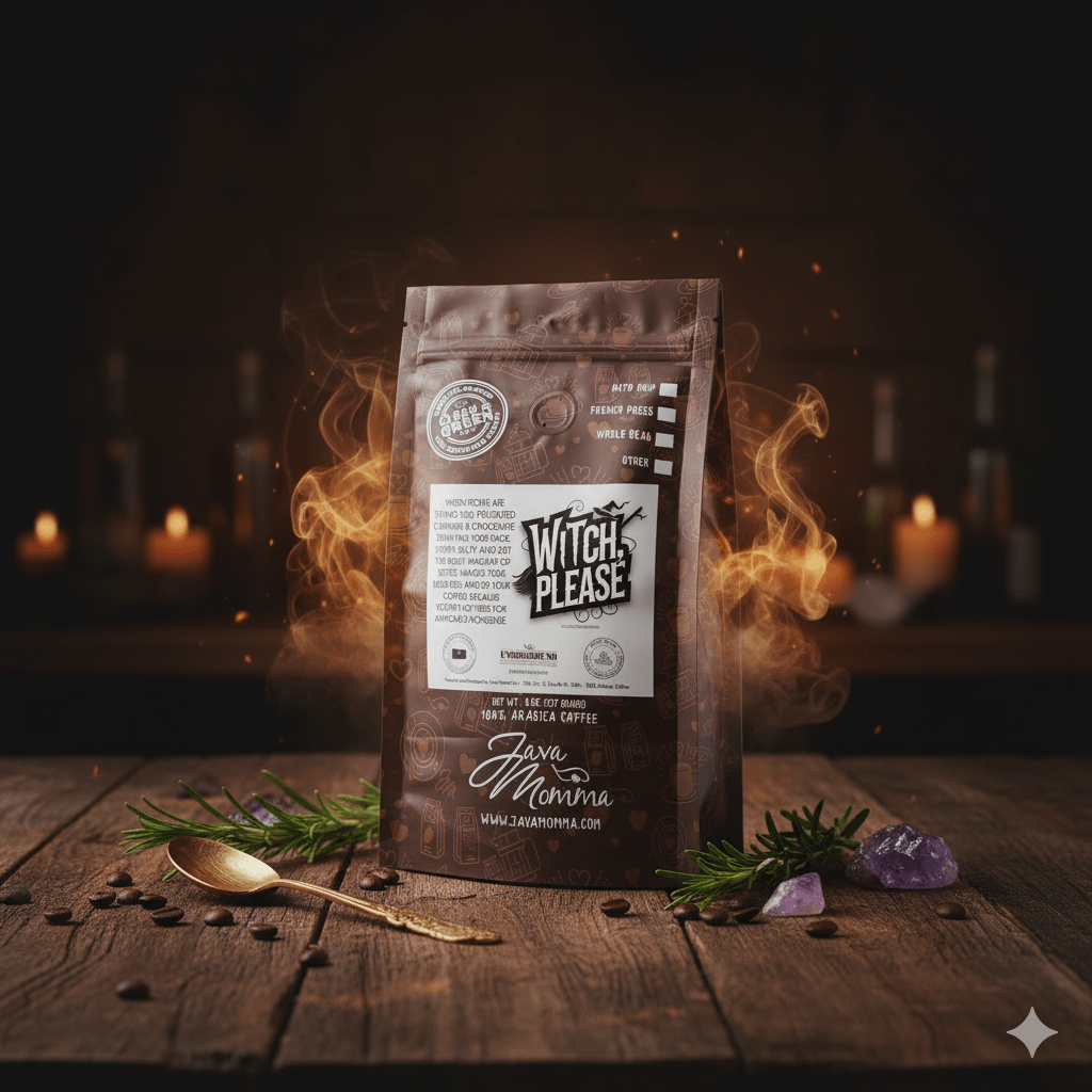 Witch, Please coffee bag in a mystical setting with golden spoon and herbs on wooden surface
