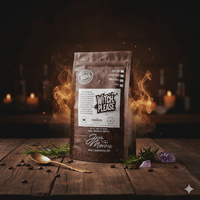 Thumbnail for Witch, Please coffee bag in a mystical setting with golden spoon and herbs on wooden surface
