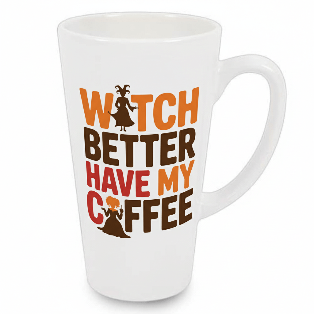 The Witch Better Have My Coffee Mug – 17 oz Ceramic Latte Mug features “WITCH BETTER HAVE MY COFFEE” in fall colors and silhouettes of two witches—one above, one stirring a potion. A whimsical limited edition for magical mornings!.