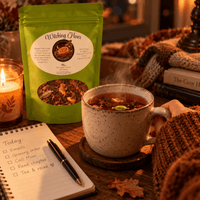Thumbnail for A green stand-up pouch labeled 'Witching Hour' tea sits on a wooden table beside a ceramic mug of tea, a lit candle, an open notebook with a checklist, and a cozy knitted blanket in a warm indoor setting.