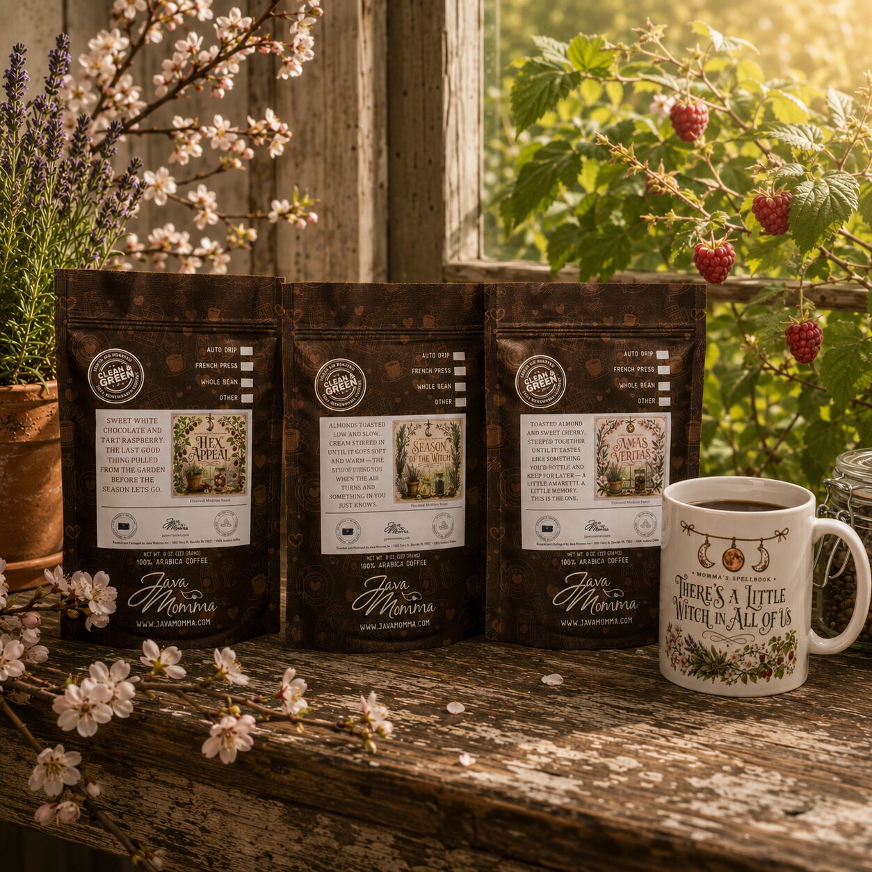 Momma's Spellbook Collection Bundle featuring three coffee bags and a whimsical mug on a rustic table.