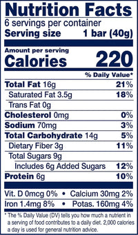 Thumbnail for Nutrition Facts for Peanut Butter Dark Chocolate YES Bar® – A Classic Crave, Upgraded: 1 bar (40g) per serving, 220 calories, 16g fat, gluten-free, 70mg sodium, 14g carbs (9g sugars/6g added), 6g protein, plus calcium, iron & potassium.