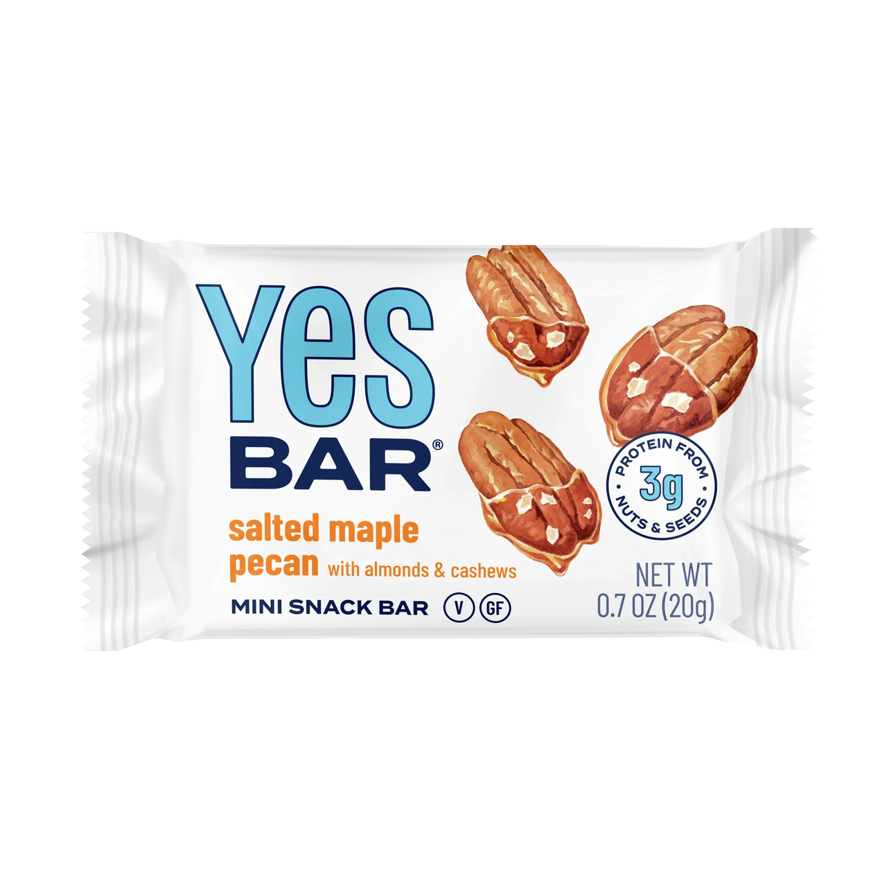 The Maple Pecan MINI YES Bar® – Sweet, Salty, and Oh-So-Satisfying is a 0.7 oz (20g) plant-based, gluten-free, vegan snack with salted maple pecan flavor, 3g protein, almonds & cashews, and pecan illustrations on the wrapper.