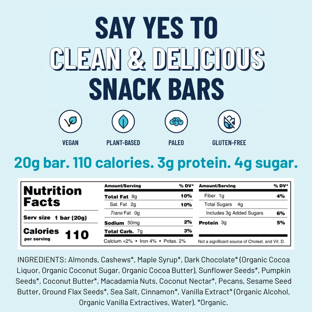 Infographic for Dark Chocolate Chip MINI YES Bar®—Like a Cookie, But Better (and Guilt-Free!). “Say yes to clean & delicious snack bars.” Highlights: vegan, gluten-free, plant-based, 110 calories, 3g protein, 4g sugar, natural ingredients.