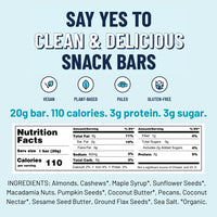 Thumbnail for A graphic for the Maple Pecan MINI YES Bar®—a sweet, salty, plant-based, paleo, gluten-free snack—shows nutrition facts and ingredients: each 20g bar has 110 calories, 3g protein, and 3g sugar.