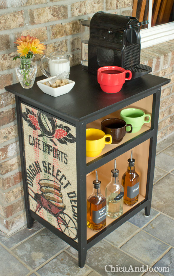 recycling burlap coffee sack into this crafty coffee bar stand